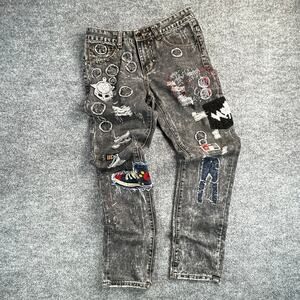 y2k Gold Lux Men's 30 Black Acid Wash Distressed Patchwork Rhinestone Jeans
